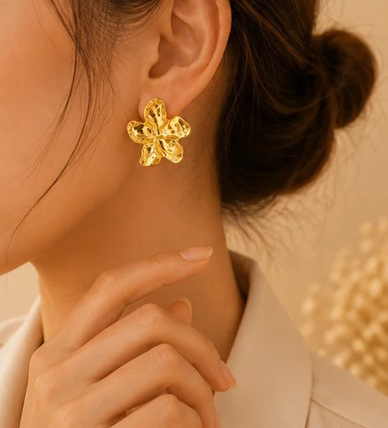 Gold Hammered Flowere Stud Earring